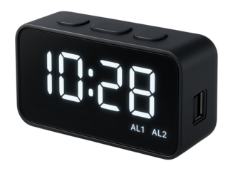 Digital clock with dual alarms and USB charging port for a guest room.