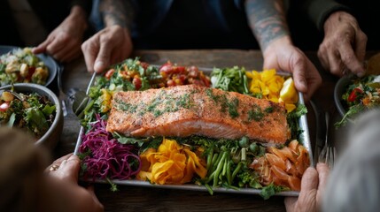 Diverse group enjoys healthy communal meal featuring grilled salmon and fresh vegetables at a shared table during lunch
