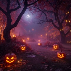 Halloween background with pumpkins spooky misty garden and flying bats