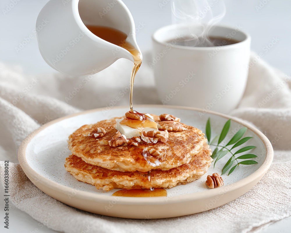 Poster stack of pancakes with syrup and butter on top.