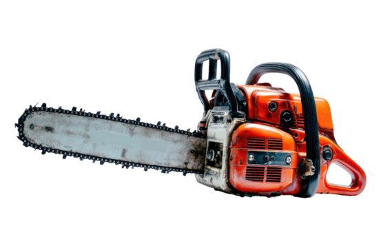 Close-up of a vintage, orange chainsaw.  Chain is extended,  showing wear and grime.  Black background