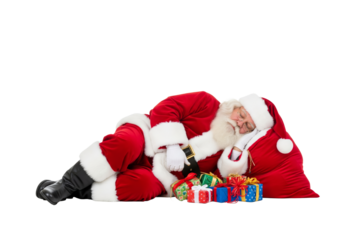 PNG cut out isolated background. A full-length portrait of a tired Santa Claus sleeping peacefully on the floor after a long night of work. 