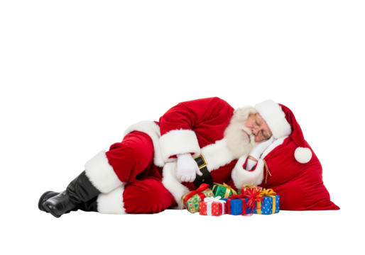 PNG cut out isolated background. A full-length portrait of a tired Santa Claus sleeping peacefully on the floor after a long night of work. 