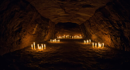 A tunnel of dimly lit candles in a cave, creating an atmospheric and mysterious ambiance.