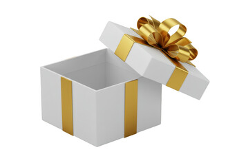Open white gift box with gold ribbon and bow isolated on transparent background