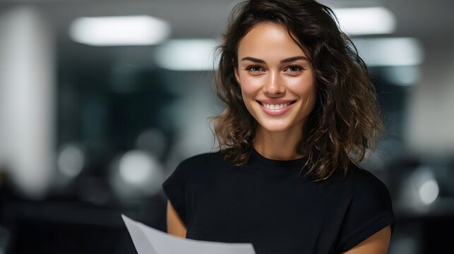 Confident businesswoman holding document in clean workspace - Powered by Adobe