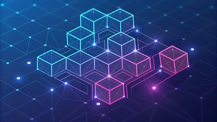 Obraz premium Interconnected neon cubes forming a digital grid on a dark background – Blockchain architecture, technology, abstract, data network, digital infrastructure, futuristic, innovation