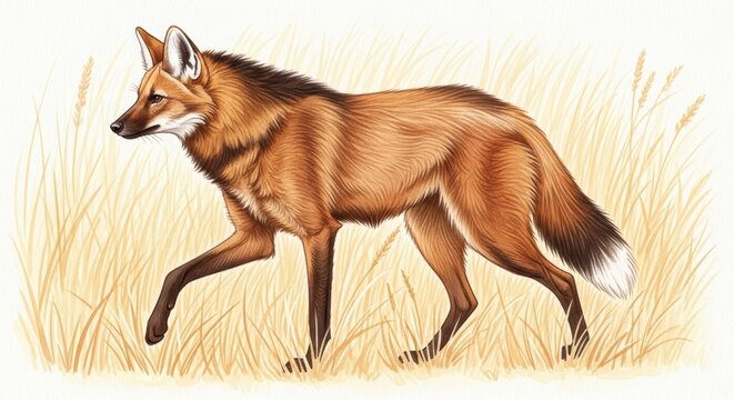 Illustrated maned wolf in natural habitat walking through tall grass