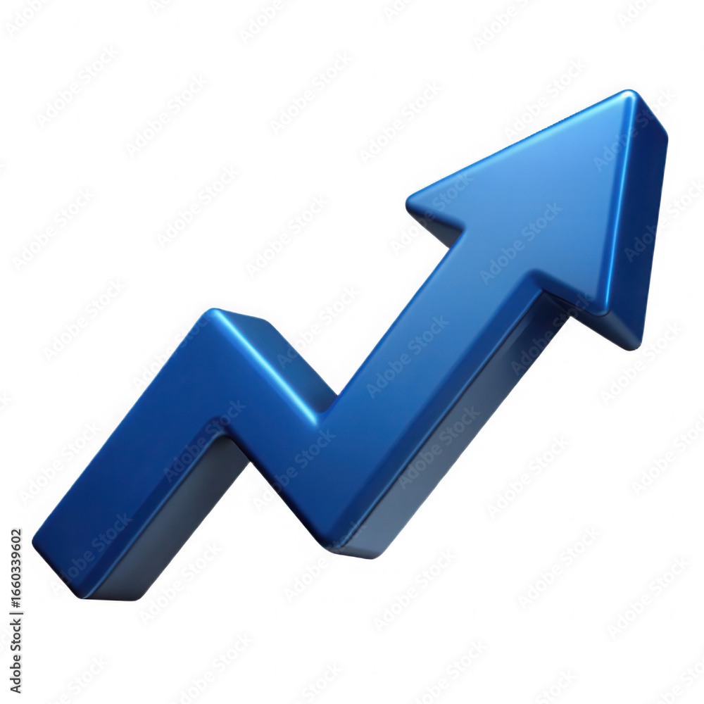 Poster shiny blue 3d arrow graph showing upward trend and positive growth isolated on transparent backgroun