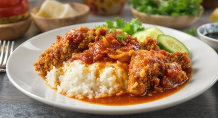 Fried chicken pieces with a tomato-based sauce over rice, garnished with greens