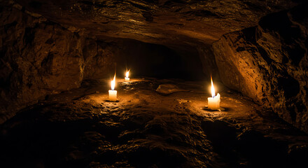 A mysterious path guided by the warm glow of burning candles in a dark, ancient, and rocky underground cave.