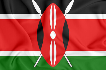 flag of the Republic of Kenya with a shield and spears on a satin fabric with folds and shadows