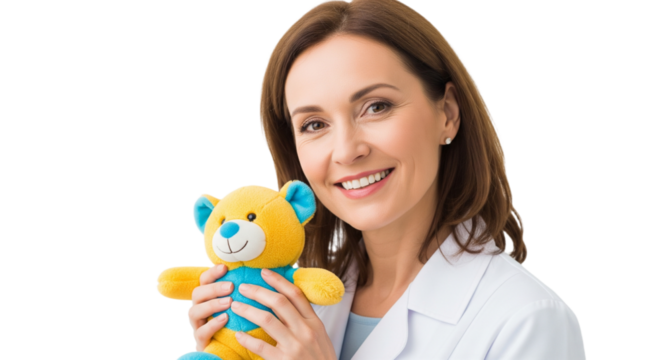 Caring Female Doctor or Nurse Holding a Comforting Teddy Bear