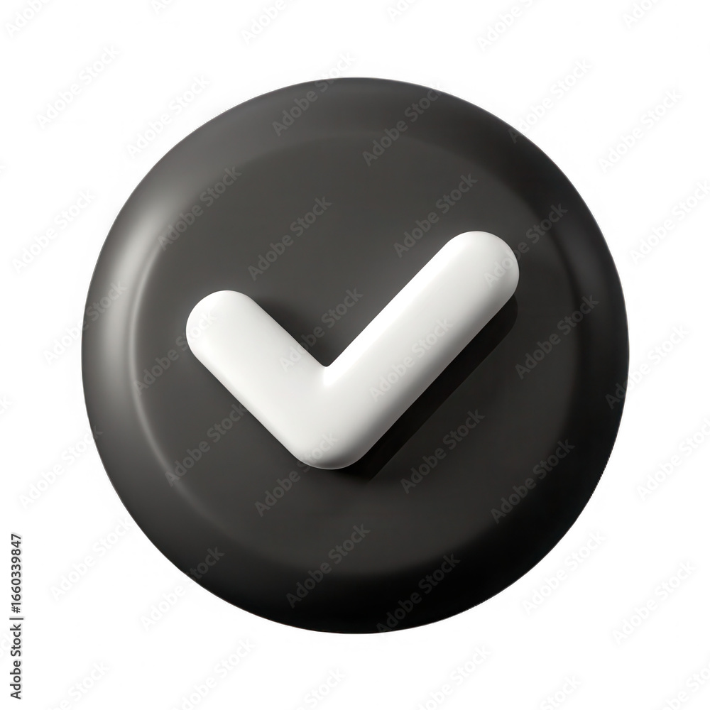 Poster a white check mark symbol prominently displayed on a dark gray circular button isolated on transpare