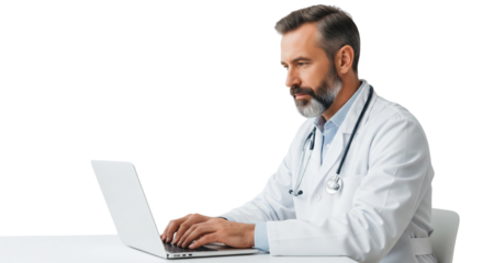Professional Male Doctor Engaged in Digital Healthcare, Typing on Laptop with Stethoscope on White Background