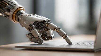 Close-up of robotic arm typing on a laptop beside a human worker, clean modern office, high detail