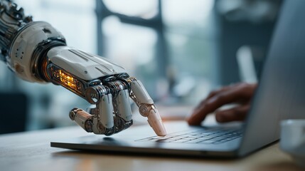 Close-up of a robotic arm typing on a laptop next to a person in a clean office. High detail.
