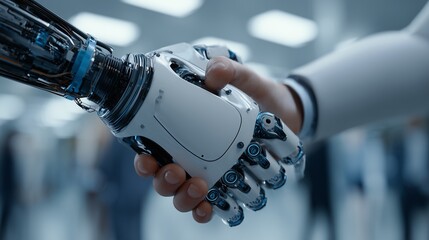 Close-up of robotic hand shaking hands with a human worker, clean modern background, high detail