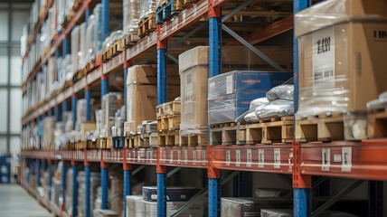 Close-up of warehouse shelves highlighting textures, organization, and industrial scale.
