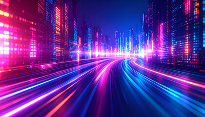 Obraz premium Futuristic City Nightscape with Vibrant Neon Lights and Speedy Road