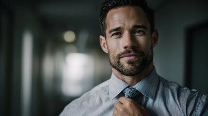 Professional man adjusting his tie before a meeting in an office hallway