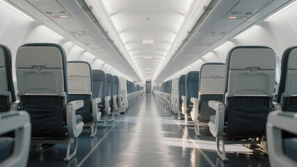 Obraz premium Spacious empty airplane aisle highlighting modern, clean cabin interior.