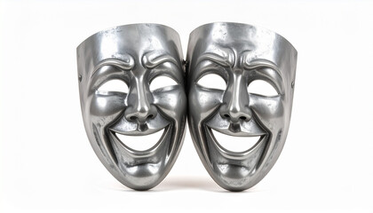 Two Metal Comedy Masks Expressing Happiness and Lightheartedness