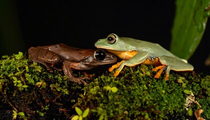 Obraz premium Two vividly colored tree frogs rest on a bed of moss, showcasing their unique patterns and textures in a close-up, nature-inspired shot.