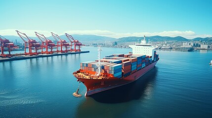Obraz premium Aerial view of a modern seaport showcasing container warehouses and busy shipping terminals