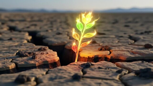 A vibrant plant emerges from a cracked desert landscape, radiating light and hope, symbolizing resilience, environmental recovery, and the power of life in adversity