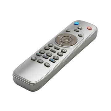 Silver remote control, many buttons on black background