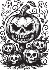 Black and white Halloween illustration with skull-faced pumpkins, swirling vines, ghosts and eerie gothic seasonal atmosphere