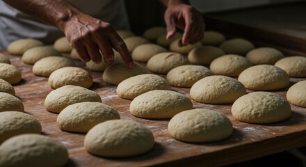 A baker preparing bread dough on a wooden surface table gourmet, delicious, cuisine, food photography, background