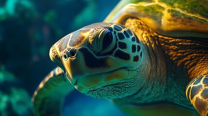 Fototapeta premium Sea turtle swimming underwater with detailed shell and facial features marine life photo