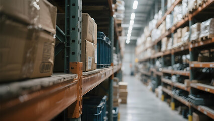 Close-up of warehouse shelves highlighting textures, organization, and industrial scale.
