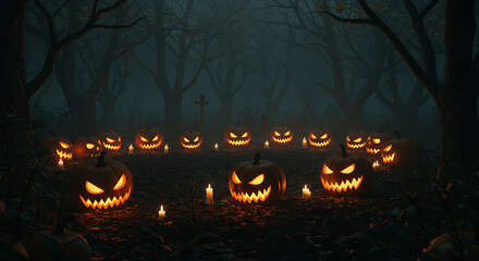 Spooky Halloween Night Glowing Pumpkins in a Dark Forest Clearing