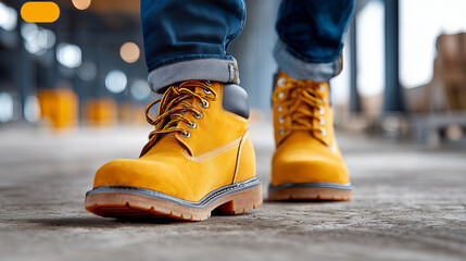 Close Up Of Yellow Work Boots On Concrete Ground With Blue Jeans In Industrial Setting