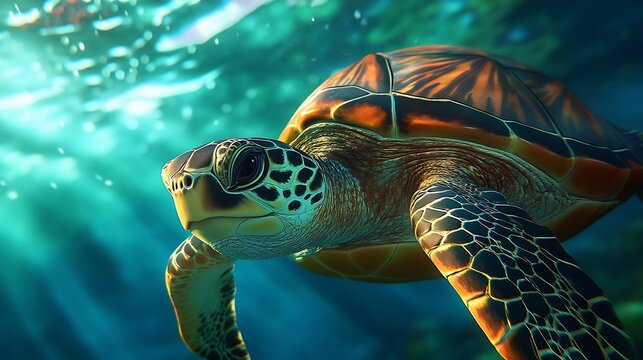 Sea turtle with vibrant shell pattern swims in sunlit turquoise ocean water marine life photo