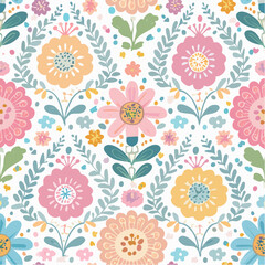 Obraz premium Pastel colored seamless pattern with folk flowers and plants. Naive girly psychedelic botanical motif.