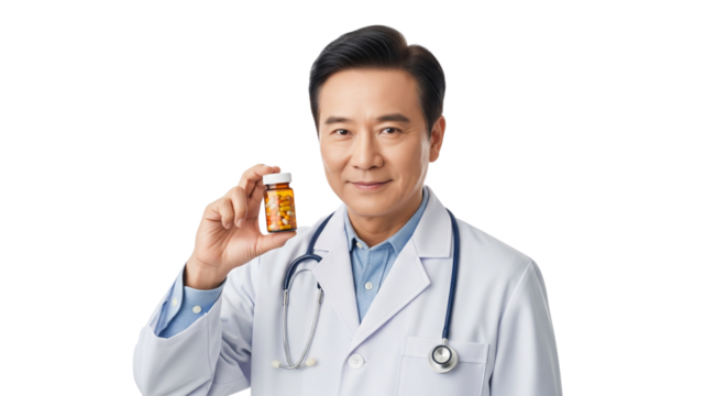 Professional Asian Doctor Holds Medicine Bottle, Recommending Health Solutions