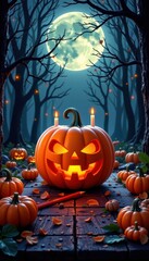 Spooky Halloween pumpkin with glowing face surrounded by smaller pumpkins in dark eerie forest with full moon and fireflies du night setting
