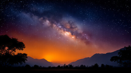 Fototapeta premium Night Sky Panorama Showcasing The Milky Way Above Silhouetted Mountain Landscape