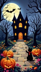 Fototapeta premium Spooky Halloween haunted house scene with full moon dark sky twisted trees glowing pumpkins scary cat and eerie atmosphere for holiday celebration
