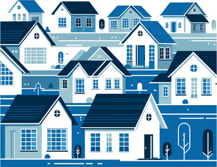 Naklejka premium Charming blue and white houses artfully arranged in a modern, clean architectural scene