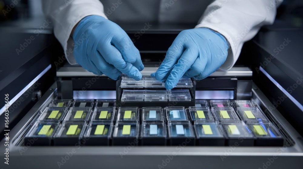 Poster medium frame capturing operator positioning slide trays into a sleek aidriven pathology scanner high