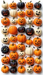 Festive Halloween pumpkin collection featu orange white black and creamy gourds with carved faces and spooky expressions on a white background