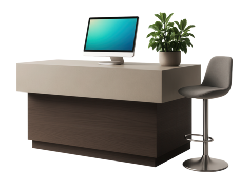 Modern reception desk with monitor, potted plants, and bar stool.