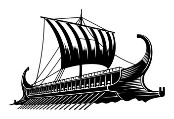 Ancient Greek Trireme Warship – Vintage Engraved Vector © Luka