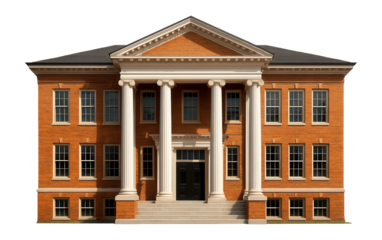 Majestic orange brick school building with white columns, exuding timeless educational charm.