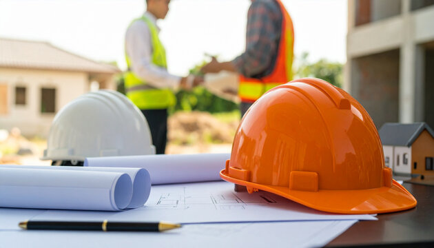 Construction Site Planning Hard Hats, Blueprints & Teamwork